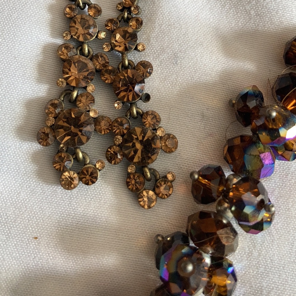 Combo beaded dark topaz/brown stone bead necklace & dangling earrings